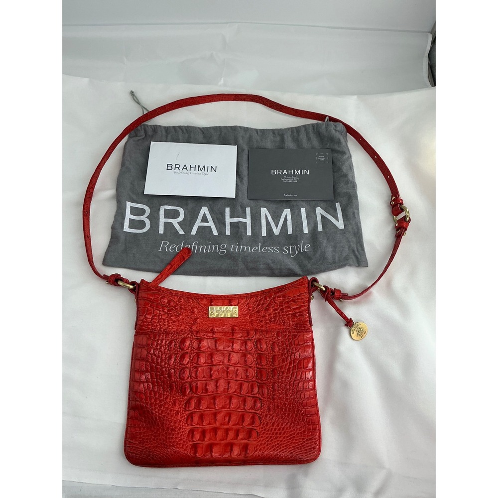 Brahmin Red Melbourne Embossed Leather Crossbody Bag Gold Hardware